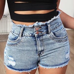 High-Waisted Distressed Denim Shorts
